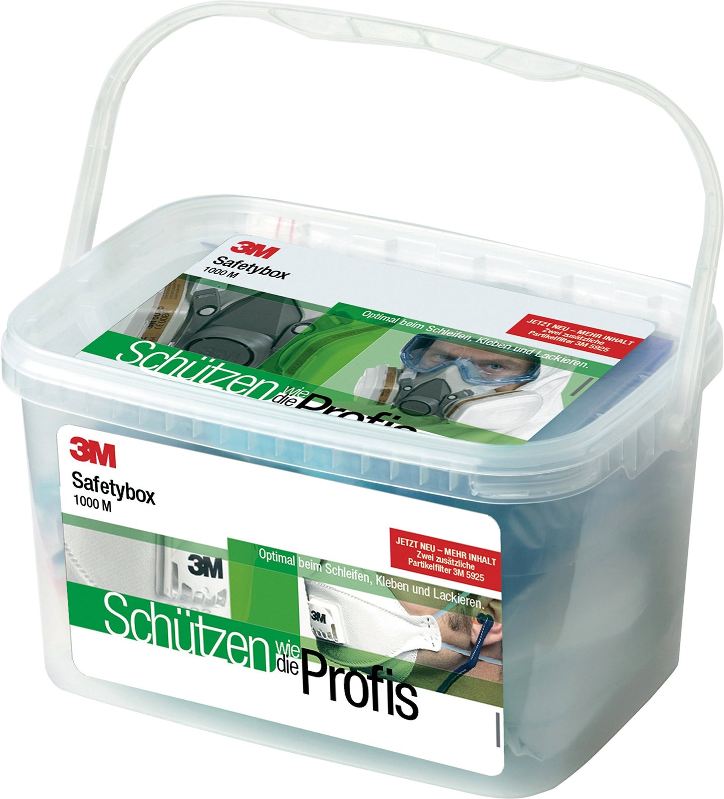 3M Safety Box 1000M, 1 x pusmaska 6200M, 2 x gāzes filtri 6055 A2, 4 x daļiņu filtri 5925 P2R, 2 x daļiņu maskas 9322, 1 x loka dzirdes aizsargi 1310, 1 x pilnās redzamības aizsargbrilles 2890SA