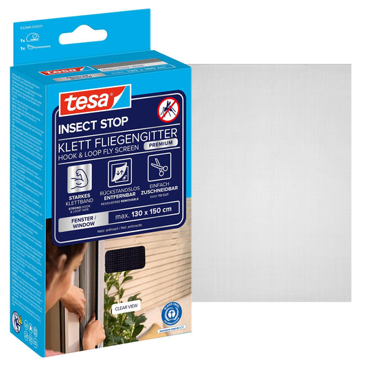 tesa Insect Stop Premium moskītu tīkls logiem ar līplenti, insektu aizsardzība, stipra līplente, noņemams bez atlikumiem, saīsināms, bez urbšanas, 130 cm x 150 cm, antracīts (caurspīdīgs)