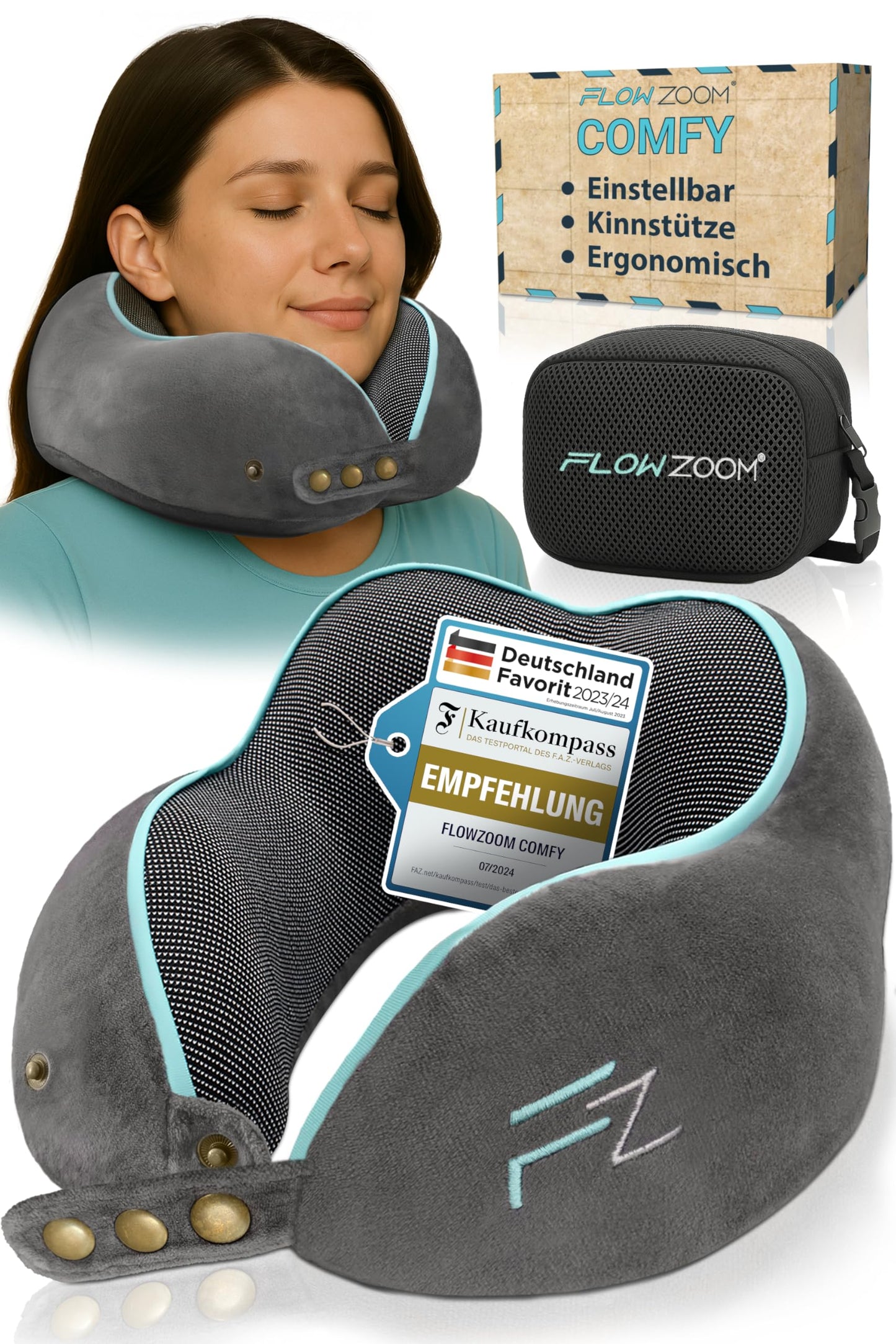 FLOWZOOM Comfy kakla spilvens lidmašīnai un auto, regulējams Memory Foam ceļojuma spilvens ar elastīgām spiedpogām 360° atbalstam, elpojošs mīksts pārvalks, ar pārnēsāšanas somiņu, pelēks