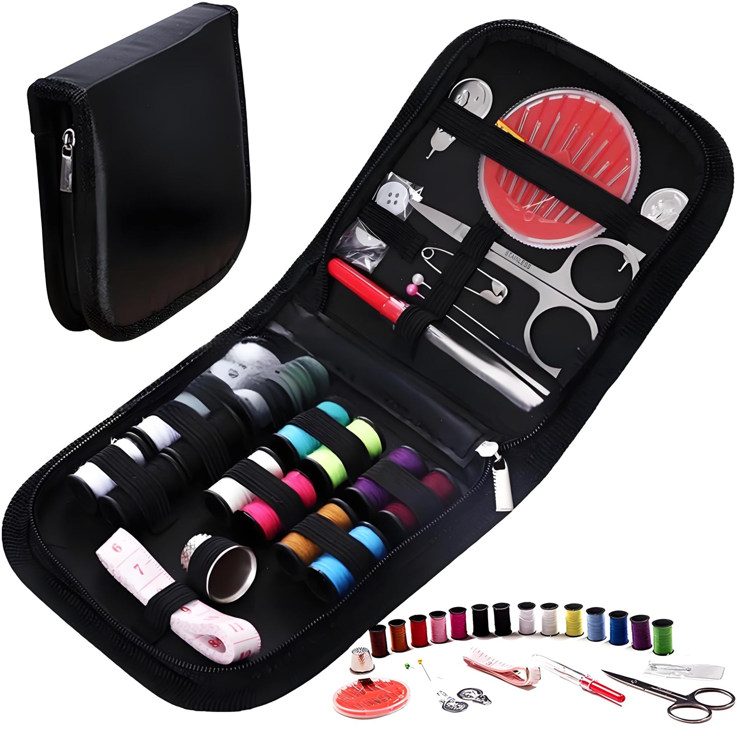 Ceļojumu šūšanas komplekts, šūšanas pamata komplekts, Sewing Kit, ar diegiem, adatām, šķērēm, šūšanas piederumiem, pogām un citiem piederumiem, Sewing Kit pieaugušajiem, iesācējiem, ģimenēm, ceļojumiem un ārkārtas situācijām (Nhset-black)