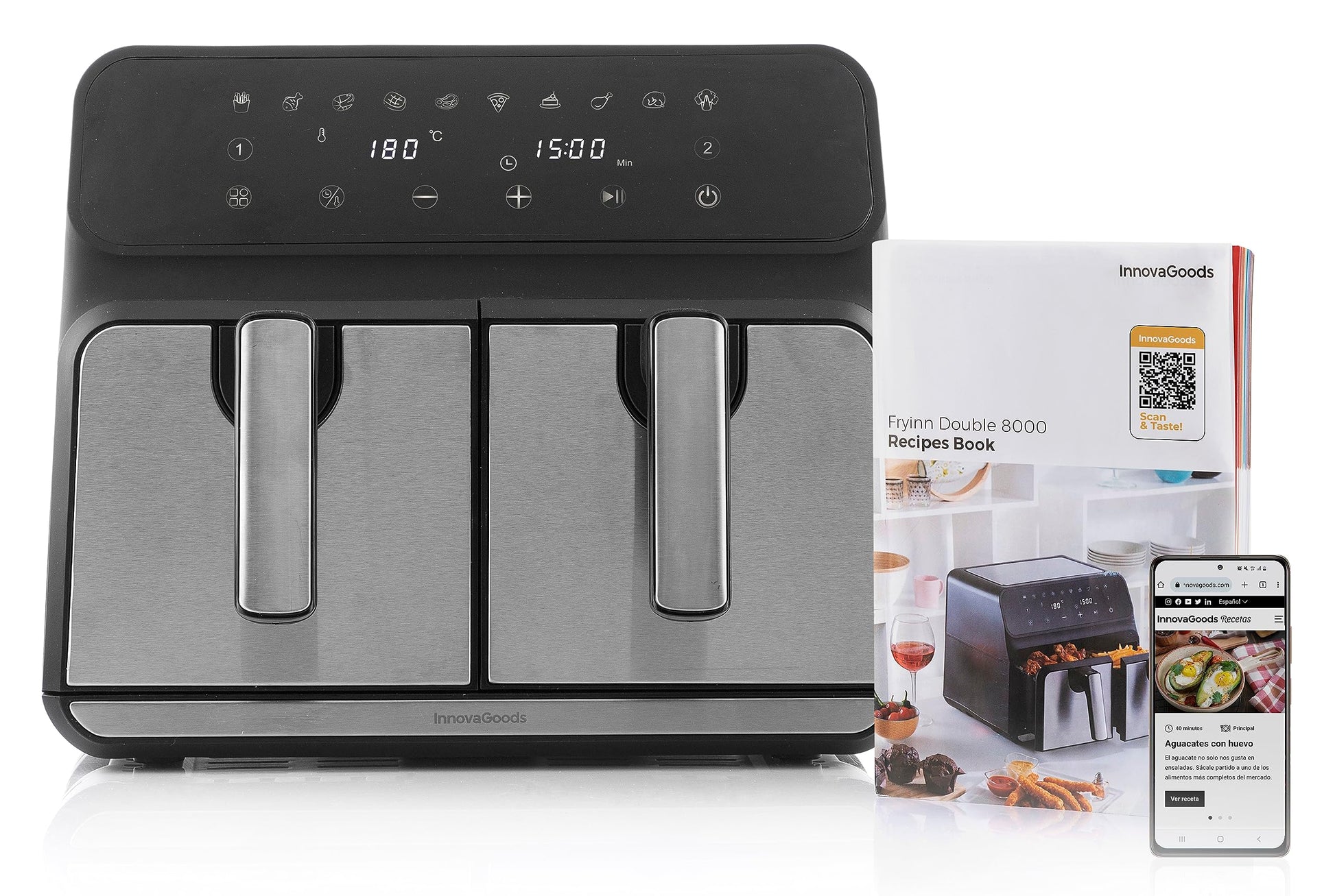 InnovaGoods Fryinn Double 8000 - Black stainless steel oil-free fryer, 3400W, 8L capacity, healthy cooking.