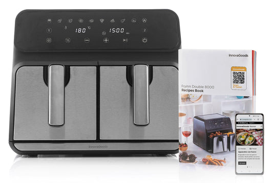 InnovaGoods Fryinn Double 8000 - Black stainless steel oil-free fryer, 3400W, 8L capacity, healthy cooking.