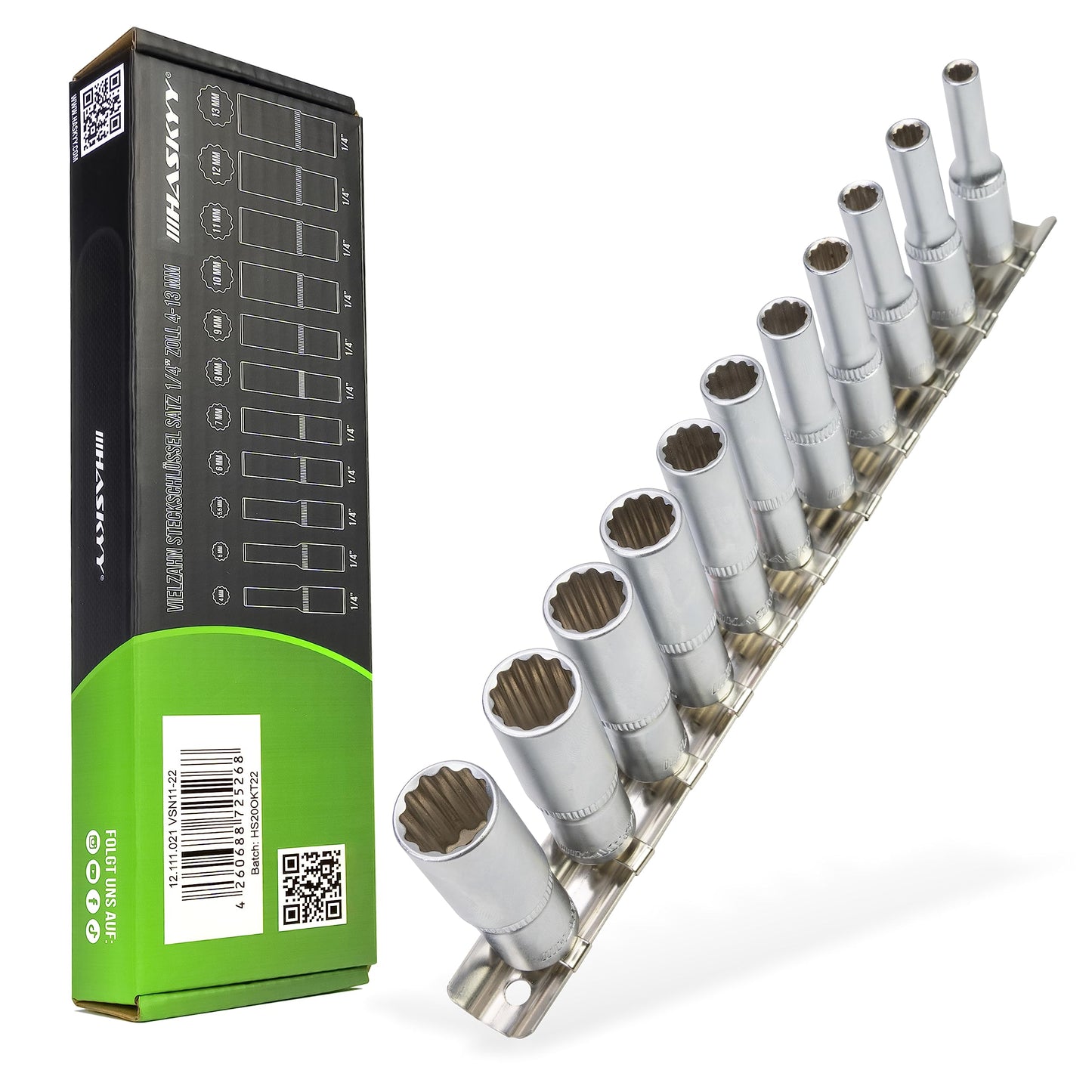 HASKYY garo galvu uzgaļu komplekts 1/4" 4-13 mm 12-kantīšu uzgaļi