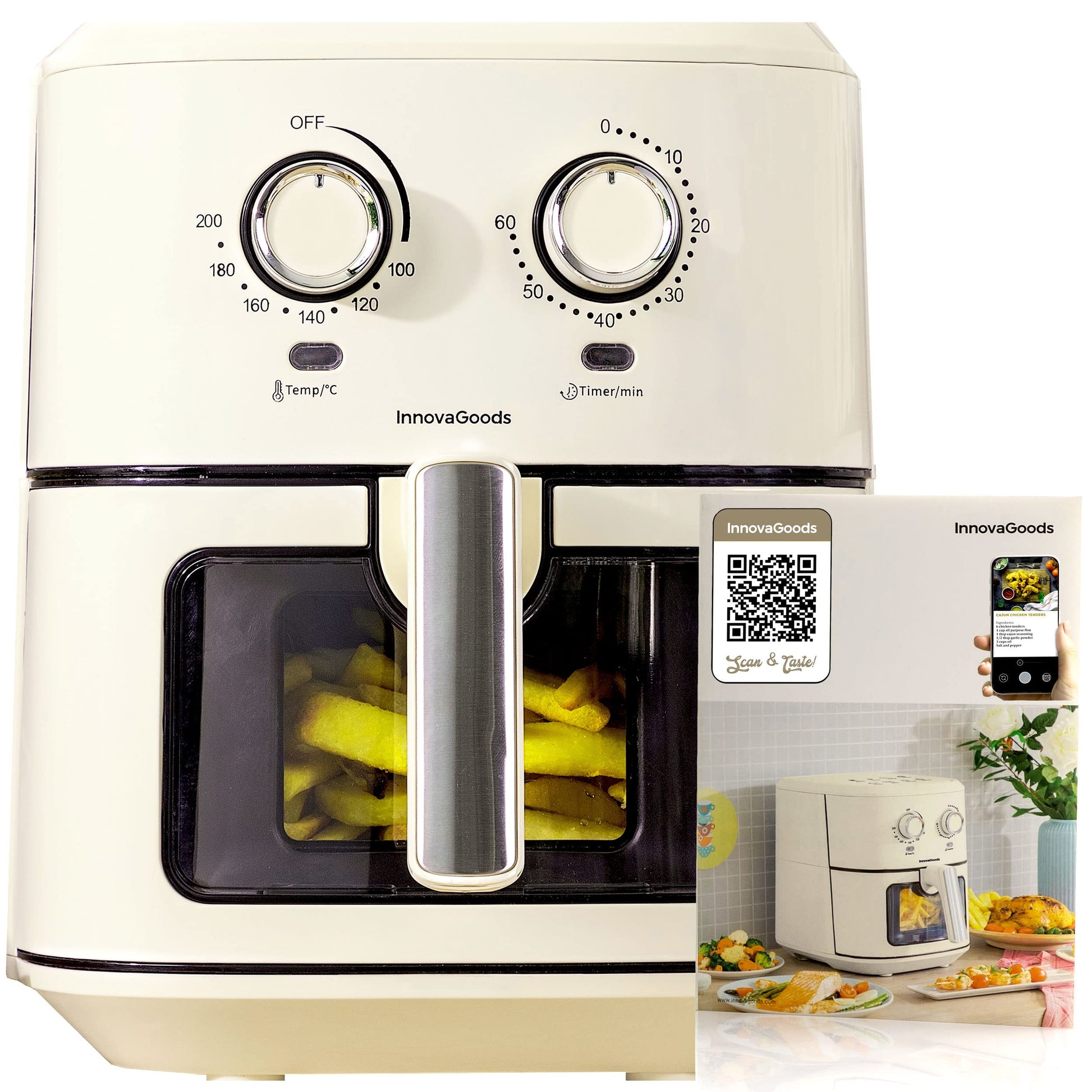 InnovaGoods® Heißluftfriteuse Vintage 6,5L, airfryer 1700W ar +100 receptēm DE heissluftfriteuse ar logu, nelipīga groza, taimeris un 360° gaisa plūsma, friteuse ideāli piemērota 4-6 personām. Krāsa: krēmkrāsa.