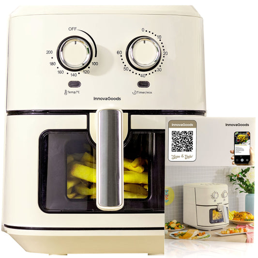 InnovaGoods® Heißluftfriteuse Vintage 6,5L, airfryer 1700W ar +100 receptēm DE heissluftfriteuse ar logu, nelipīga groza, taimeris un 360° gaisa plūsma, friteuse ideāli piemērota 4-6 personām. Krāsa: krēmkrāsa.