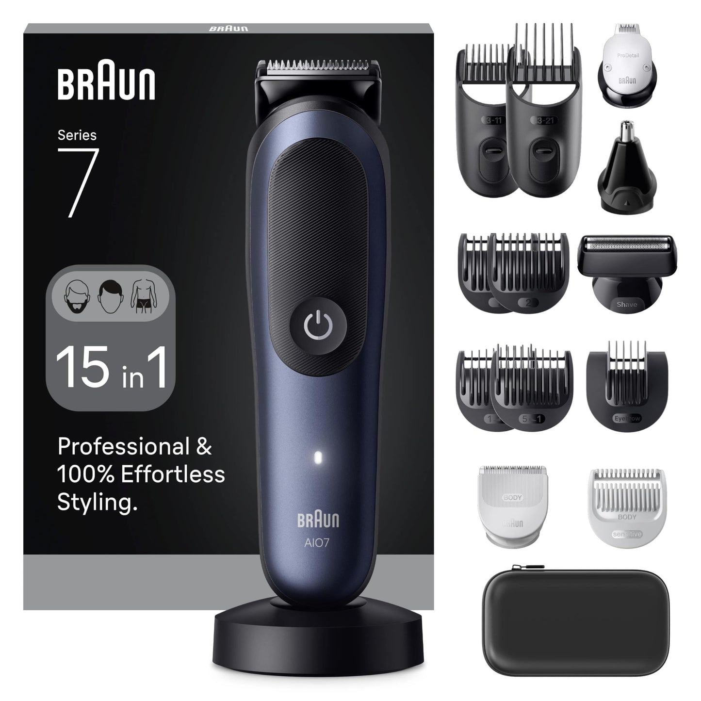 Braun All-in-One kažokādas kopšanas komplekts 7. sērija, 15 in 1, ProBlade & AutoSense, 120 min, SkinGuard & Beard Fading, AquaGrip lietošanai zem ūdens, AIO7580, Designed in Germany - Zils