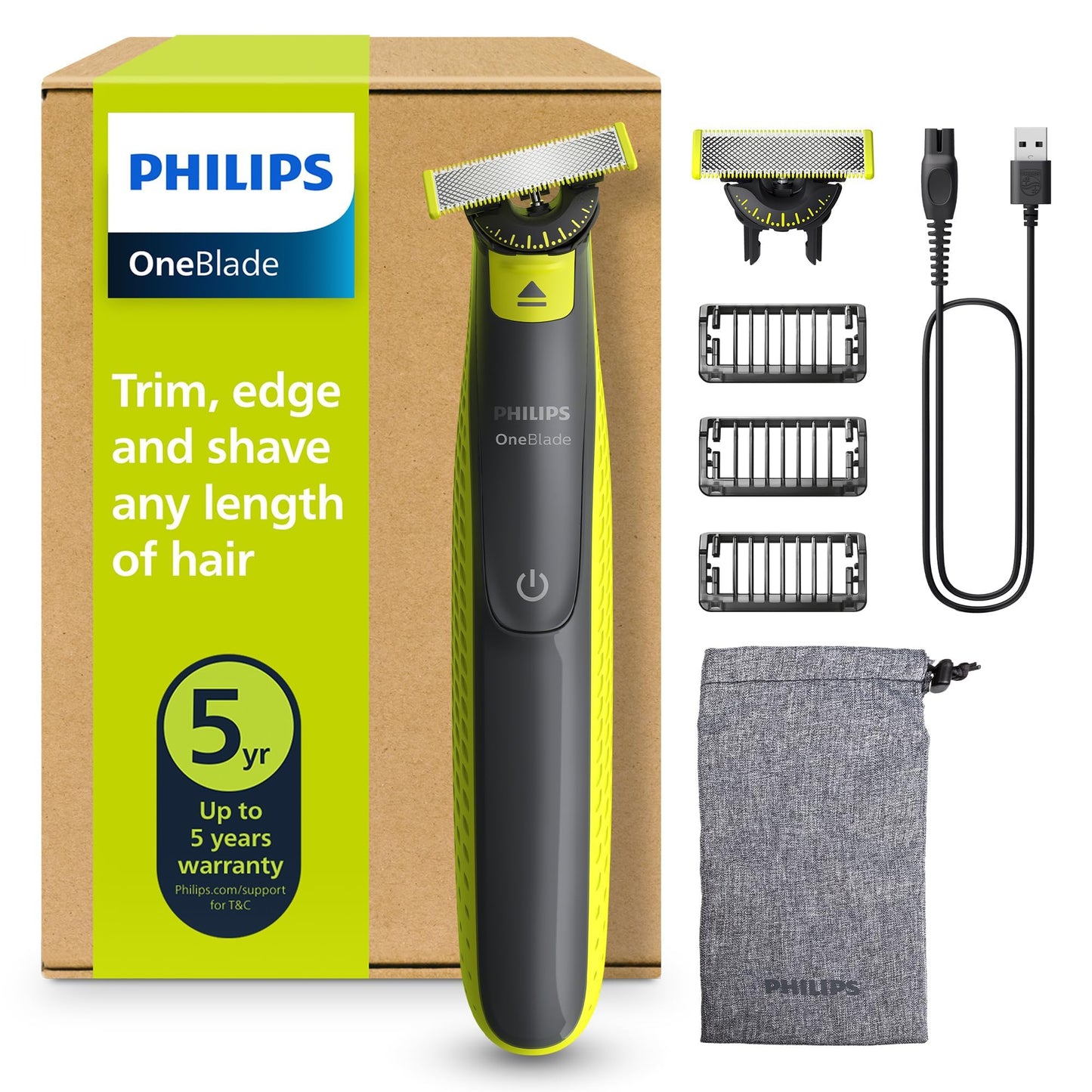 PHILIPS OneBlade 360 Face - elektriskais skuveklis un trimmeris, 2x 360 asmeņi, 3x trimmera uzgaļi (1/3/5mm), mitra un sausa skūšanās, akumulators-USB, sejai (QP2724/31)