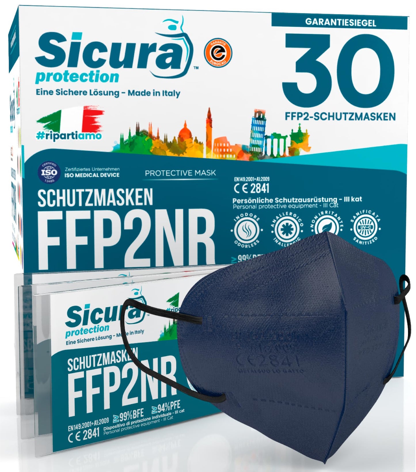 30 FFP2 maskas, CE sertificētas, zilas, ar melnām gumijām, BFE ≥99%