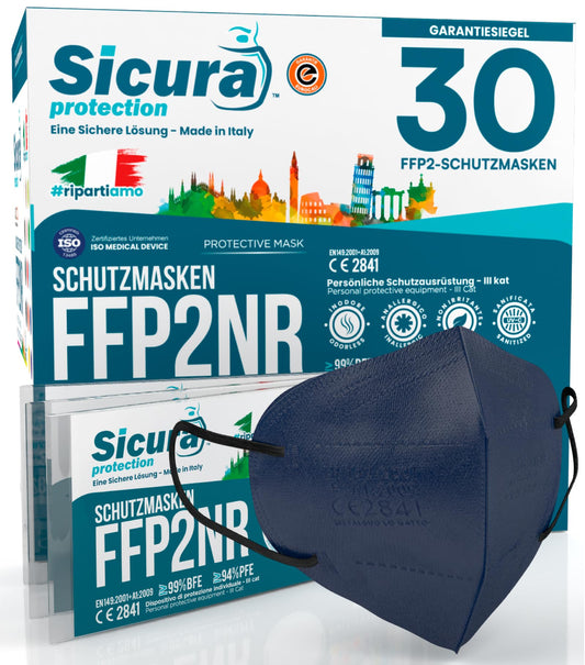 30 FFP2 maskas, CE sertificētas, zilas, ar melnām gumijām, BFE ≥99%