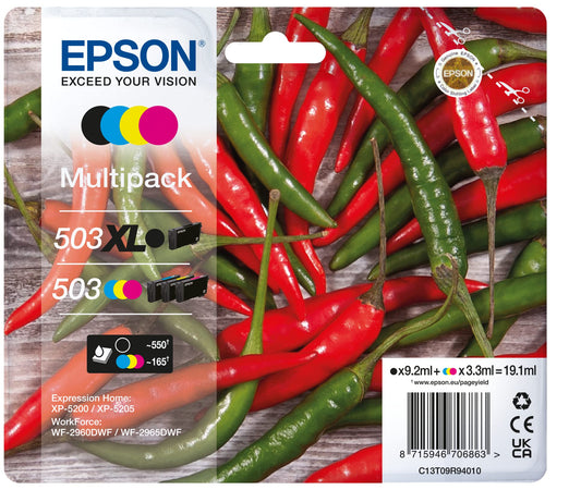 Epson 503 Tinte Chili Multipack - 4-krāsu melna XL, CMY, saderīga ar XP-5200, XP-5205, WF-2960DWF, WF-2965DWF.