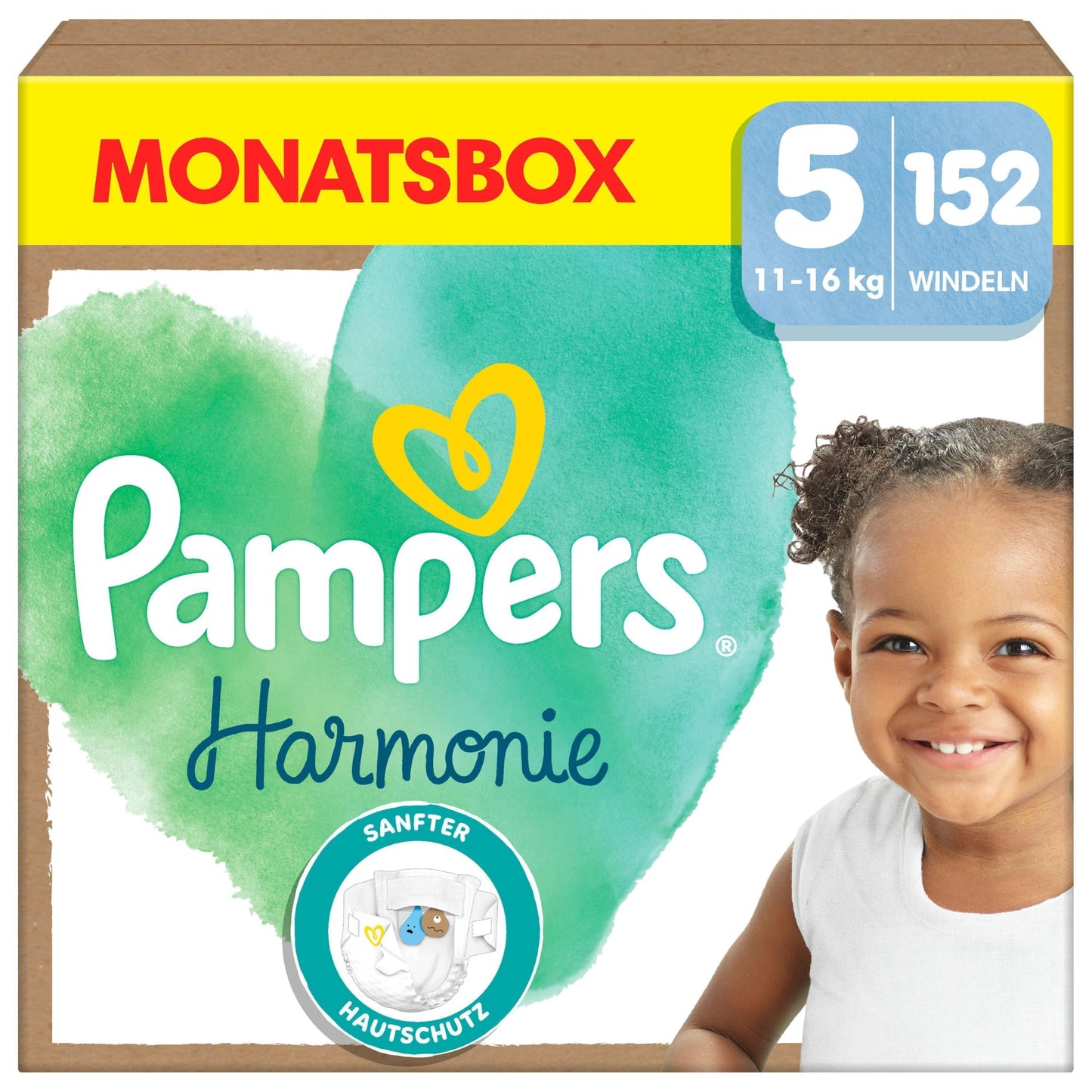 Pampers Harmonie autiņbiksītes 5. izmērs, 152 autiņbiksītes, 11kg-16kg, maiga ādas aizsardzība ar 100Prozent Pampers Schutz