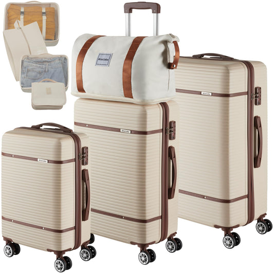 tectake® 13 daļu koferu komplekts ar ceļojumu somu, koferiem un ratiņu koferiem, 3 lieliem koferiem un somu, cietā apvalka koferu komplekts ar TSA slēdzeni, krēmkrāsas