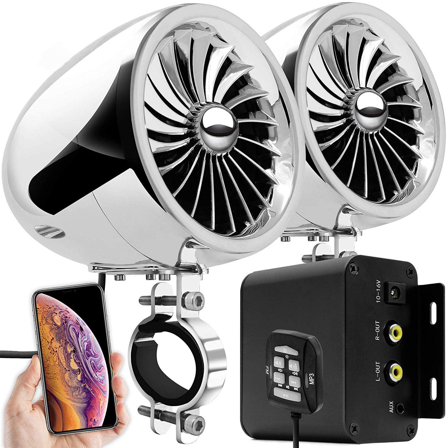 Motocikla Bluetooth audio sistēma Aileap M150 ar AUX, MP3 un FM radio, 4 collu ūdensizturīgi stereo skaļruņi, paredzēta 1–1,5 in stūrei, ATV un UTV (hroms, ventilators)