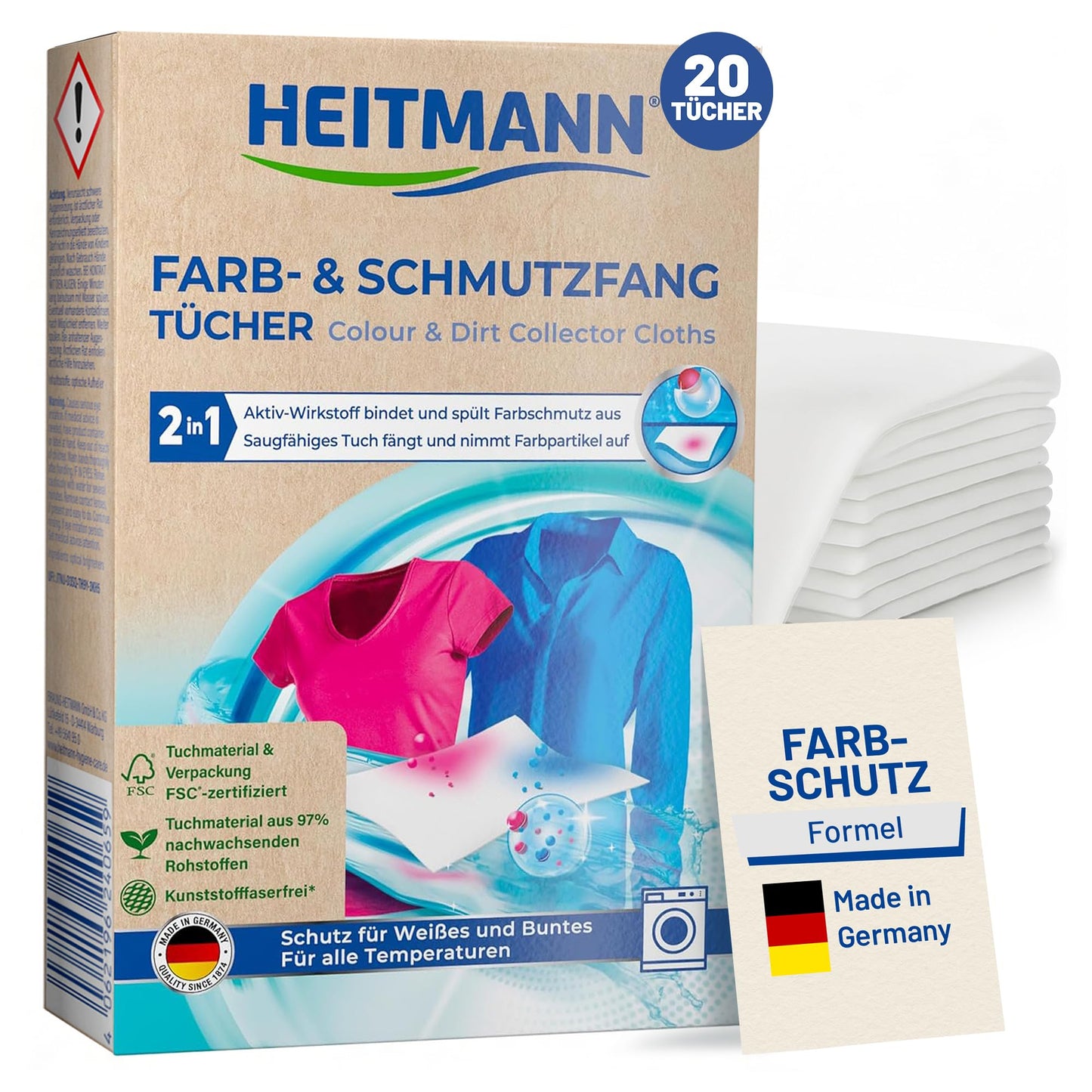 Veļas krāsu un netīrumu uztvērēji HEITMANN pure, dubulta aizsardzība pret iekrāsošanos un pelēcīgumu, FSC sertificēti, bez plastmasas šķiedrām, 1x20 gab.