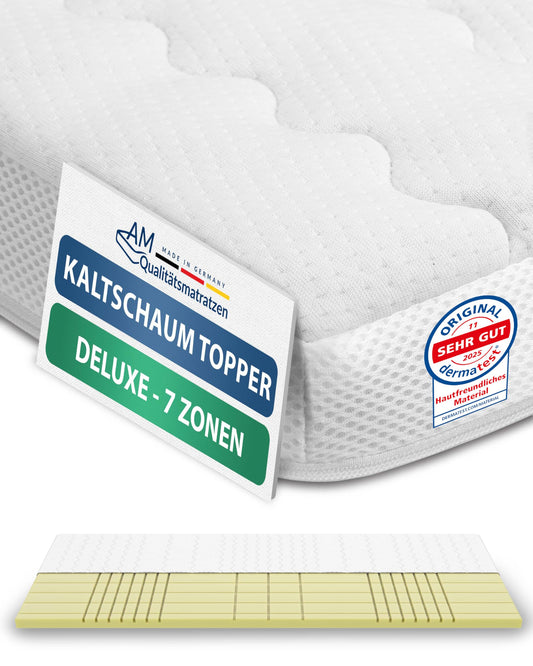 AM Qualitätsmatratzen 3D Deluxe 7 zonu auksto putu virsmatracis 180x200cm RG50 - Made in Germany - elpojošs virsmatracis 180x200-8cm - matrača virskārta 180x200 ar Lyocell pārvalku un pretslīdes funkciju