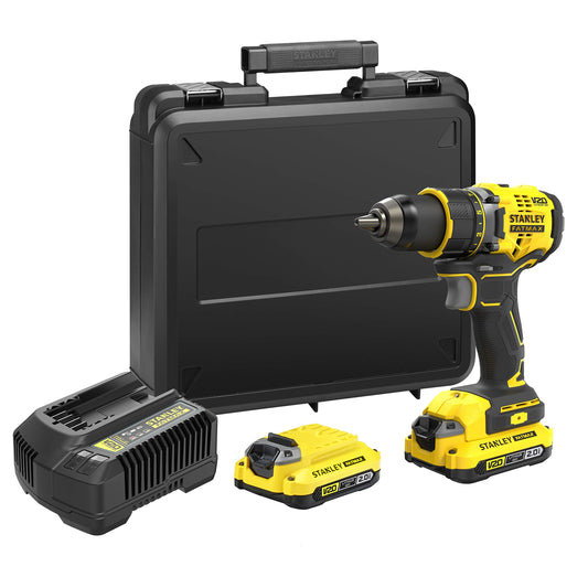 Stanley FatMax 18V Cordless Drill SFMCD720D2K - 80 Nm torque, brushless motor, metal gearbox, LED light, includes 2 batteries and case.