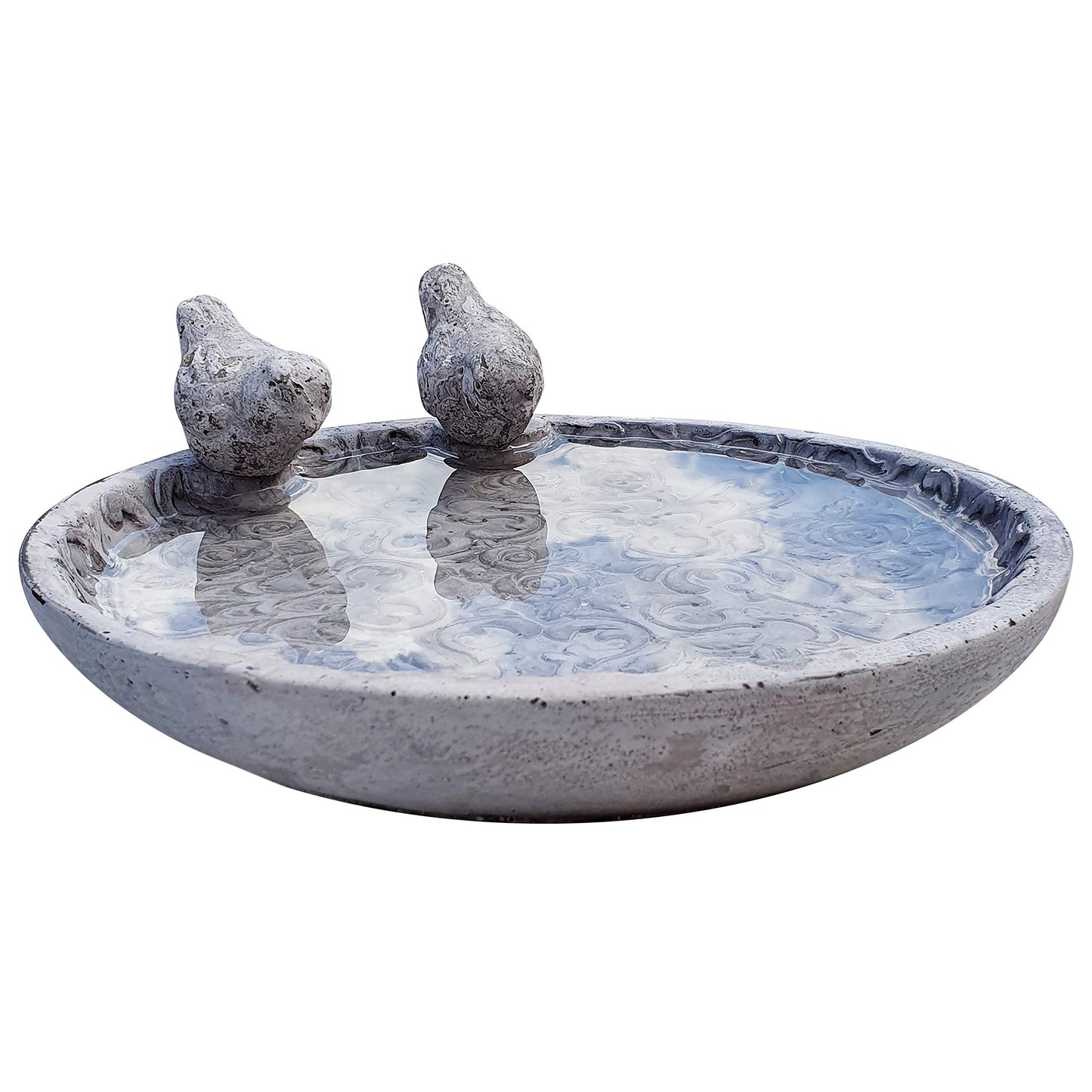 Dio putnu dzirdinātava dārzam, putnu vannīte ar 2 dekoratīviem putniem savvaļas putniem, dabīgs izstrādājums ar rožu ornamentiem (Ø 24 cm)