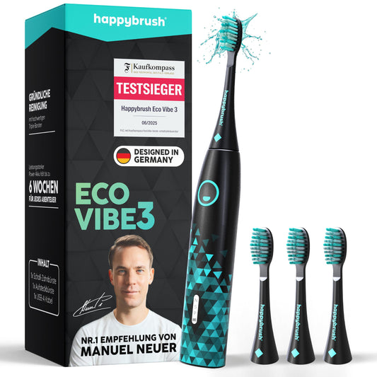 Sonic elektriskā zobu birste happybrush Eco Vibe 3, TESTSIEGER, 100 dienas izmēģinājums, 8 nedēļu akumulators, Black/Mint