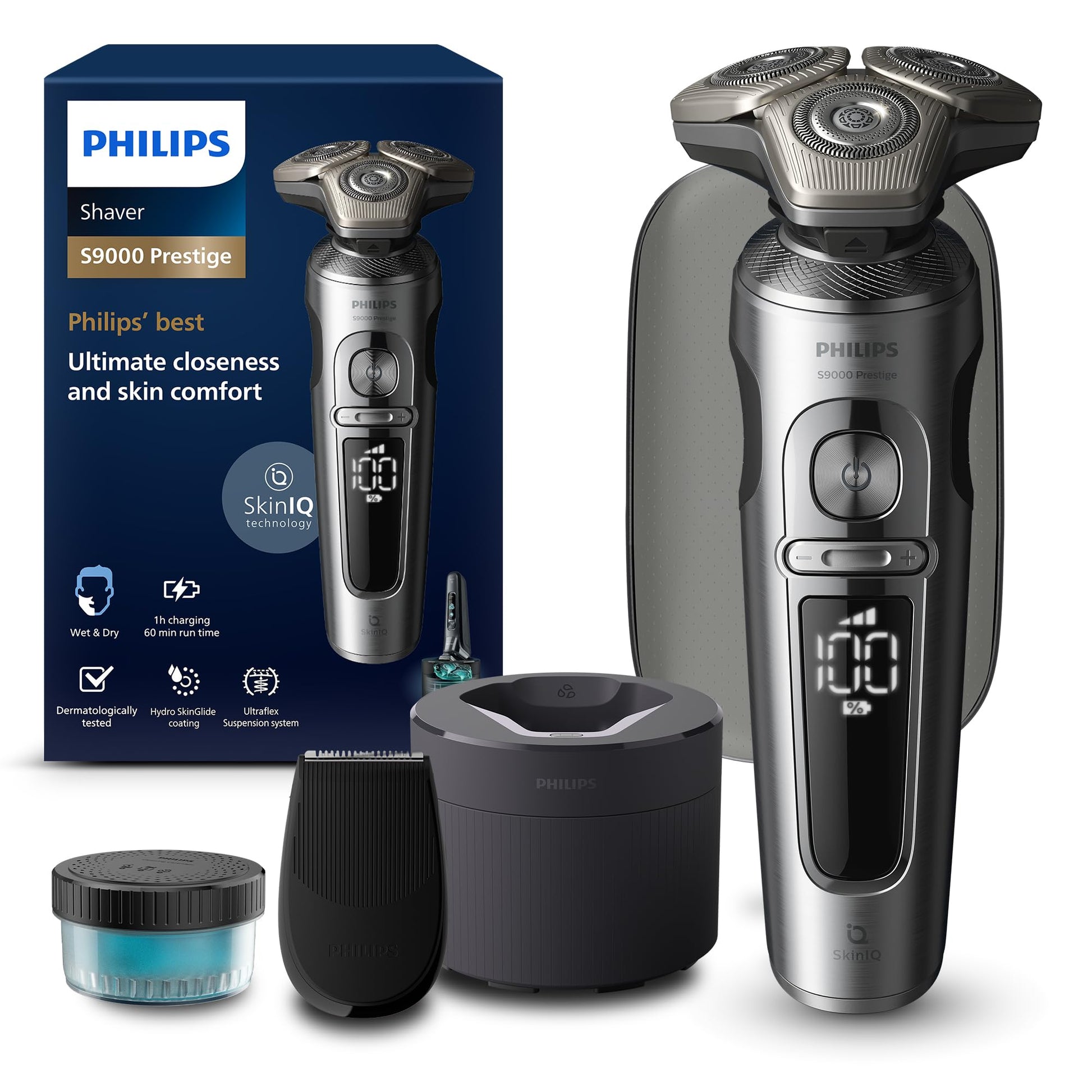 Philips skuveklis S9000 Prestige, elektriskais mitrais un sausais skuveklis, gaišs hroms, Lift & Cut skūšanas sistēma, SkinIQ tehnoloģija, precizitātes trimmeris, tīrīšanas stacija un ceļojumu maciņš, modelis SP9841/32