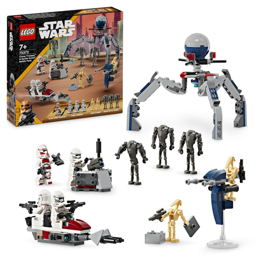 LEGO Star Wars 75372 Clone Trooper & Battle Droid Battle Pack, 4 minifigūru un 5 droidu komplekts, Speeder Bike ar shooter, būvēšanas rotaļlieta zēniem un meitenēm no 7 gadiem