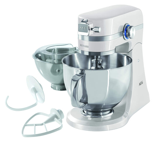AEG KM 4100 virtuves mašīna / piederumi / 1,4 ZS / 10 ātrumu līmeņi / LED gaisma / planetārais maisītājs / pilnīgi metāla korpuss / 4,8 l un 2,9 l nerūsējošā tērauda maisīšanas trauki ar izsmidzināšanas aizsargu / balts