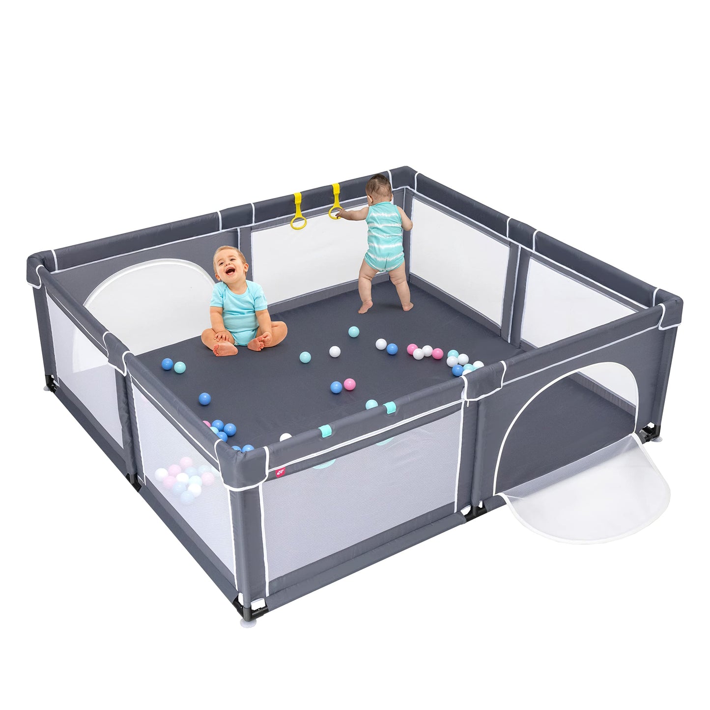 Bērnu sētiņa COSTWAY 206 x 185,5 cm ar 50 bumbiņām, elpojošu tīklu un rāvējslēdzēju, kāpelēšanas sētiņa ar 2 durvīm, spēļu telts zīdaiņiem un bērniem, tumši pelēka