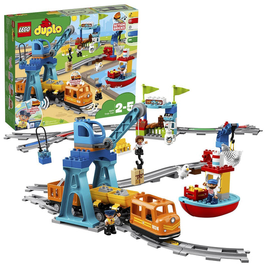 LEGO DUPLO kravas vilciens - Push & Go lokomotīve ar gaismām, skaņām, funkcionāliem klucīšiem un 2 celtņiem, rotaļlieta 2+.