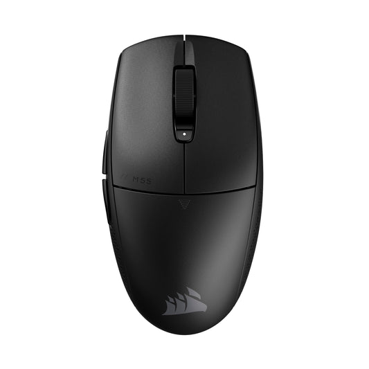 Corsair M55 bezvadu FPS spēļu pele - 2,4GHz un Bluetooth, 24 000 DPI, sešas programmējamas pogas, teksturēti sānu rokturi.
