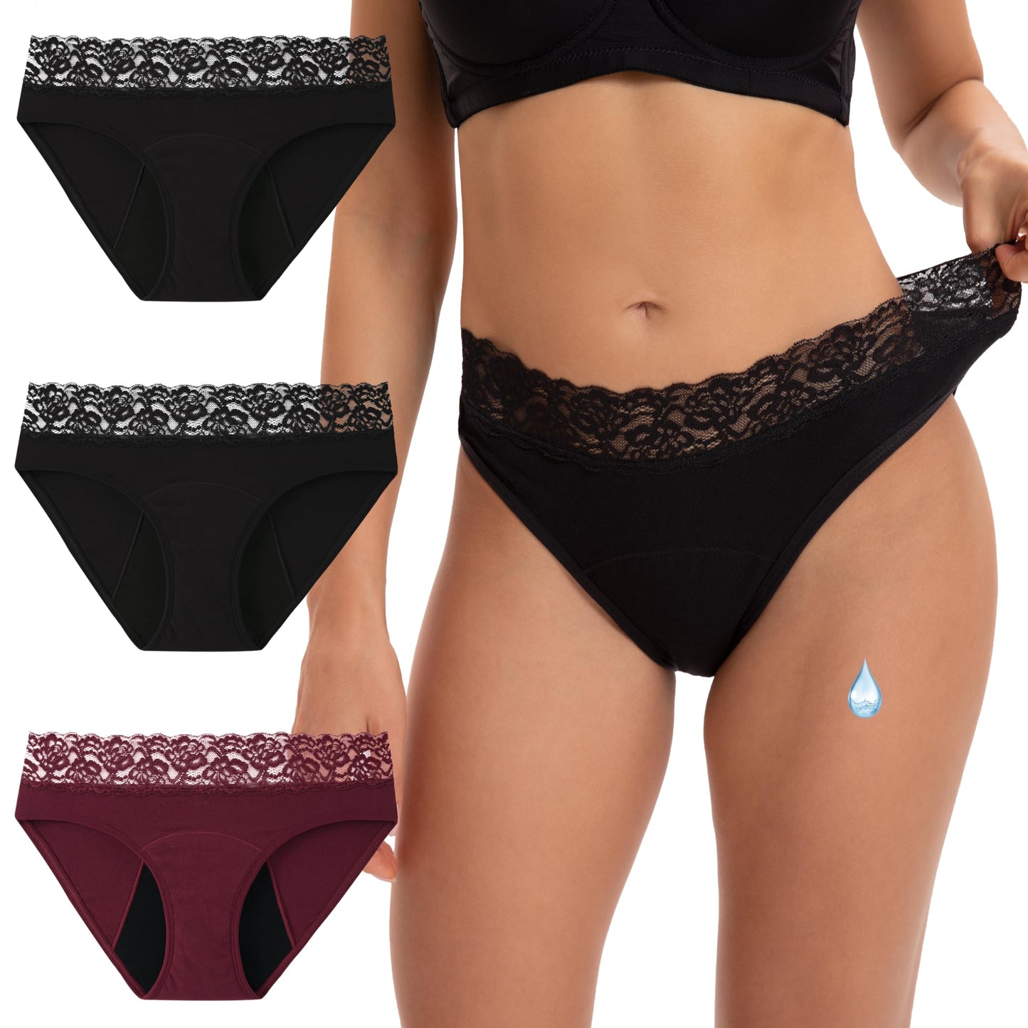 INNERSY menstruālā apakšveļa no kokvilnas ar mežģīnēm, M, 2 melnas/1 tumši sarkana