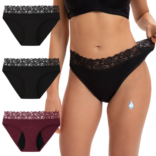 INNERSY menstruālā apakšveļa no kokvilnas ar mežģīnēm, M, 2 melnas/1 tumši sarkana