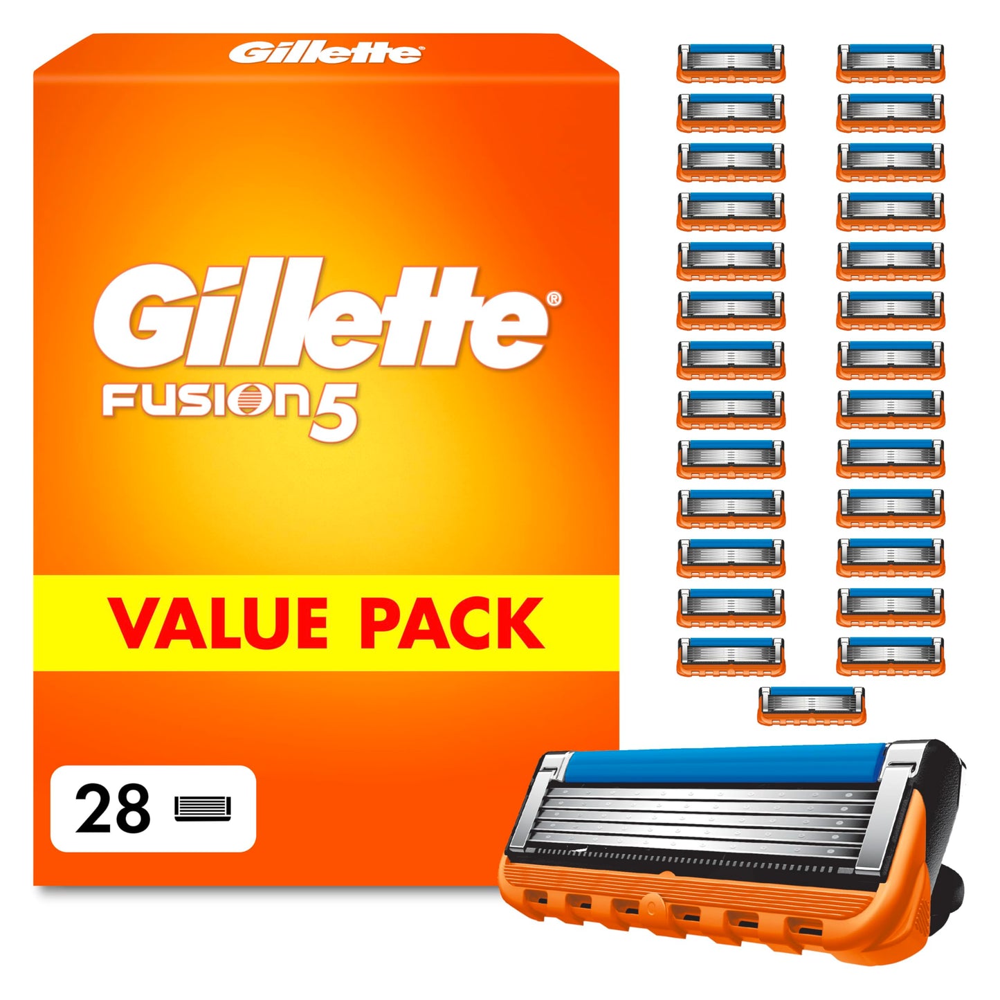 Žilešu uzpildes Gillette Fusion 5, vīriešiem, 28 oriģinālās asmeņu kasetes, oranža