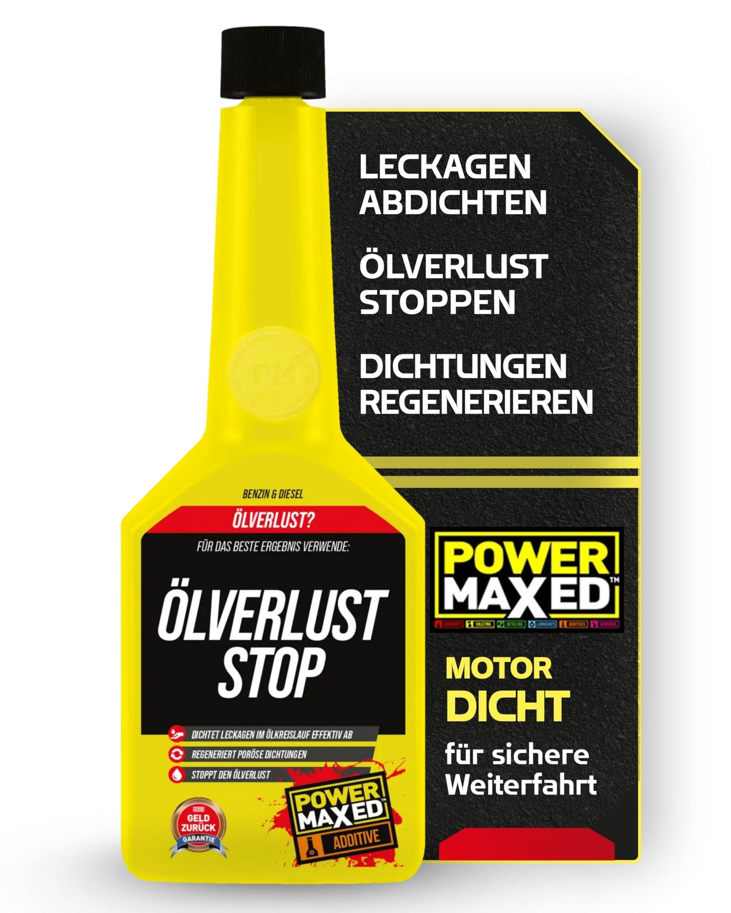 Eļļas noplūdes stop līdzeklis Power Maxed 325 ml – motoreļļas noplūdes apturēšanas piedeva benzīna un dīzeļdzinējiem – aizsargā blīves un samazina eļļas patēriņu