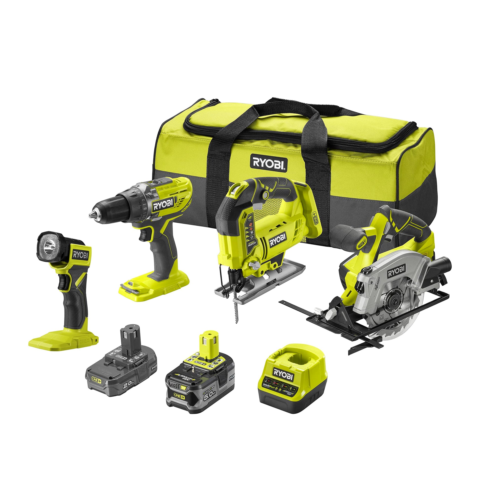 RYOBI Kombinācija, 4 instrumenti, 18 V, ONE+: Urbjmašīna, figūrzāģis, ripzāģis, LED lampa, soma, 2 akumulatori, ātrais lādētājs