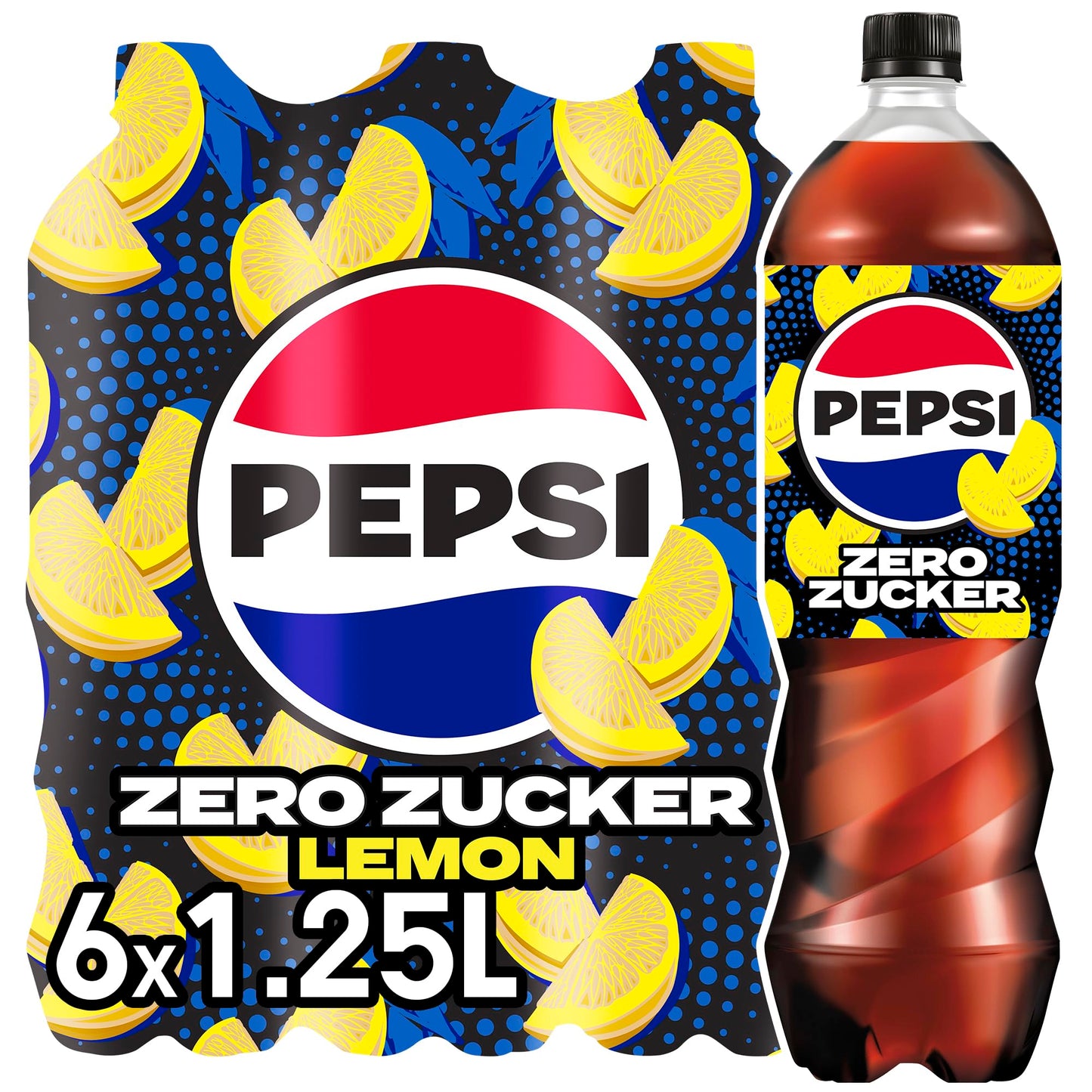 Bezcukura Pepsi Zero Lemon, 6x1,25l – kofeīnu saturošs kolas dzēriens ar citrona garšu
