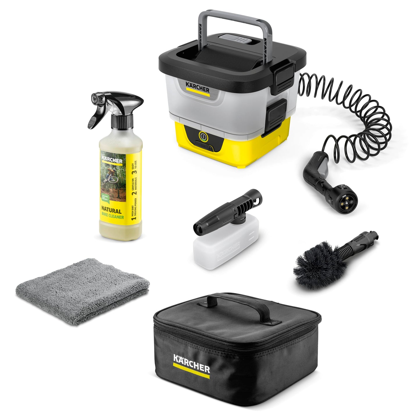 Kärcher Mobile Outdoor Cleaner OC 4 + Bike Kit, caurplūde: 2 l/min, svars: 3,1 kg, ūdens tvertne: 8 l, litija jonu akumulators, spirālveida šļūtene, ierīces filtrs, universālā birste, Multi Jet 4-in-1