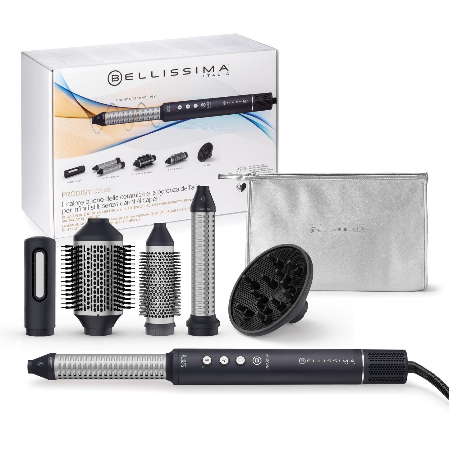 Karstā gaisa matu veidotājs Bellissima Prodigy Digital 6-in-1, viļņiem, lokām un vienmērīgam apjomam bez matu bojāšanas, digitālais motors, jonu keramikas un Coanda tehnoloģija, temperatūras regulēšana