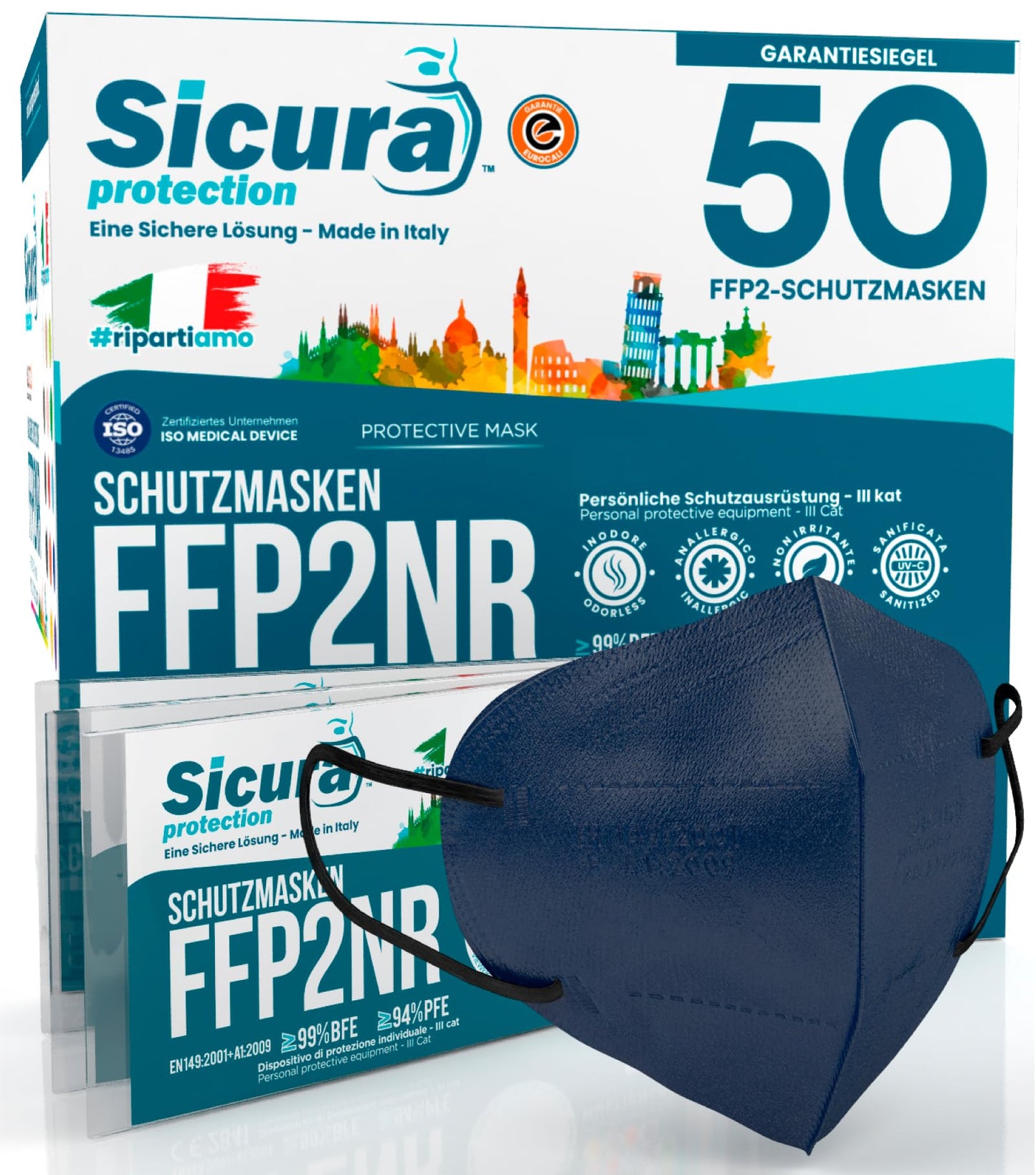 50 FFP2 maskas, zilas, ar melnām gumijām, SAFE logo, ar reljefu, BFE ≥99%