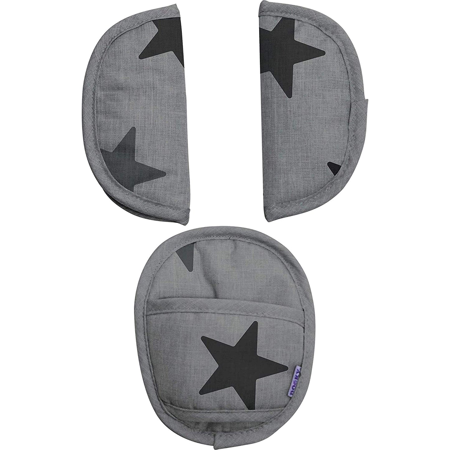 Original Dooky Universal Pads Grey Stars drošības jostu aizsargi un polsteri, piemēroti 0+ vecuma grupai un 3 un 5 punktu jostām zīdaiņu autosēdeklim, bērnu ratiņiem, sporta ratiem un autosēdeklim, pelēki