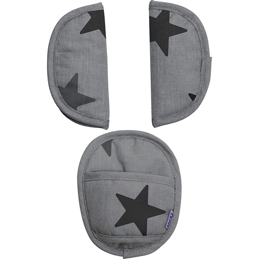 Original Dooky Universal Pads Grey Stars drošības jostu aizsargi un polsteri, piemēroti 0+ vecuma grupai un 3 un 5 punktu jostām zīdaiņu autosēdeklim, bērnu ratiņiem, sporta ratiem un autosēdeklim, pelēki
