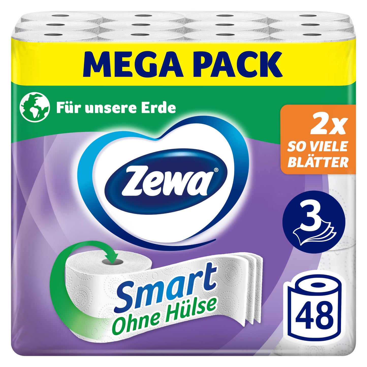 Tualetes papīrs Zewa Smart bez kartona serdes, lielais iepakojums ar 48 ruļļiem (6 x 8 x 300 loksnes)