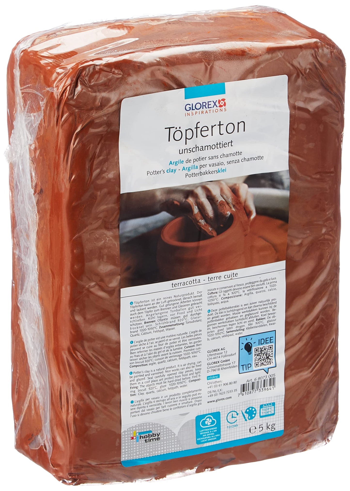 Modelēšanas māls Glorex 6 8073 005, 5 kg, terracotta, bez šamota, gluds un viegli apstrādājams, gaisā cietējošs, apdedzināms, piemērots virpotnei