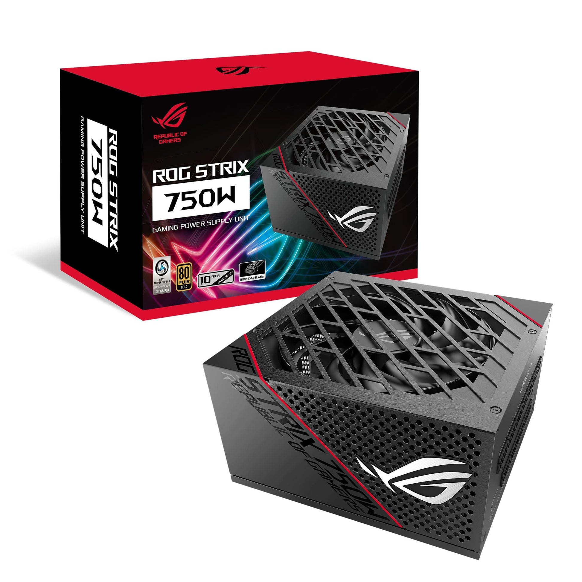 ASUS ROG Strix 750W Gold - 80+ Gold, Axial-Tech fan, ATX 3.0, PCIe 5.0 compatible, 16-pin PCIe cable.