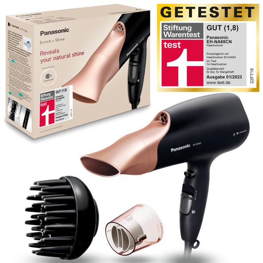 Panasonic EH-NA65CN Nanoe matu fēns ar difuzoru, ātrās žāvēšanas un stila uzgali, 3 ātrumu un 4 temperatūras līmeņi, redzamam spīdumam, 2000 W jauda, ergonomisks dizains, rozā zelta krāsā.