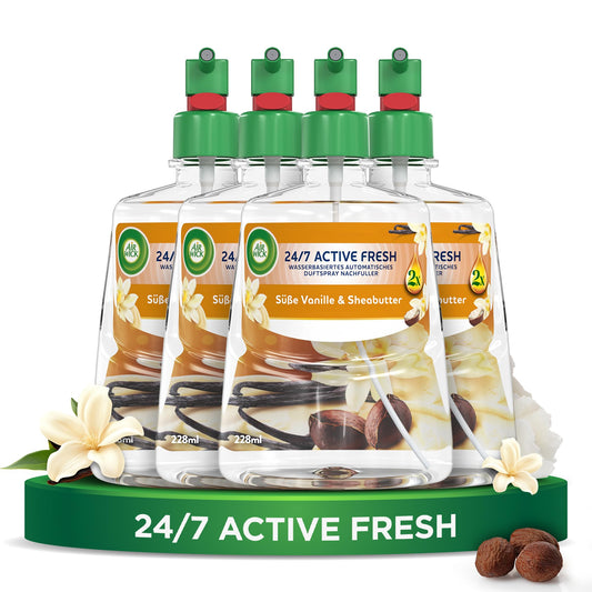 Atsvaidzinātājs ar smidzināšanu Air Wick Active Fresh, bez aerosola, automātisks istabas aromāts Sweet Vanilla & Sheabutter, 4 x 228 ml uzpildes