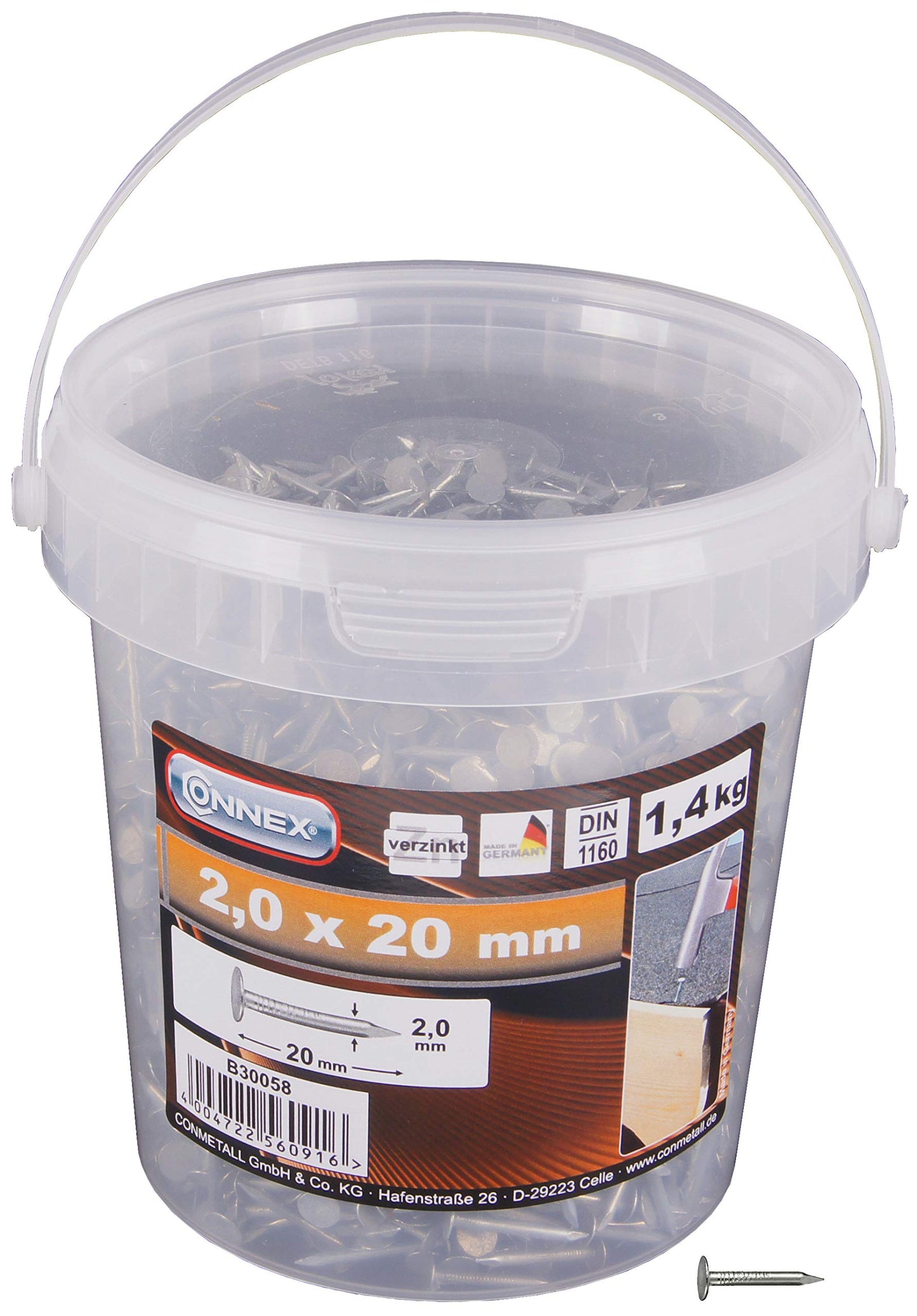 Connex jumta papes naglas 2,0 x 20 mm - 1400 g - iegremdēta galva - cinkotas - praktiskā spainī - ideāli jumta papes un šīfera plāksnēm / platgalvas naglas / jumta papes naglas / lielais iepakojums / B30058