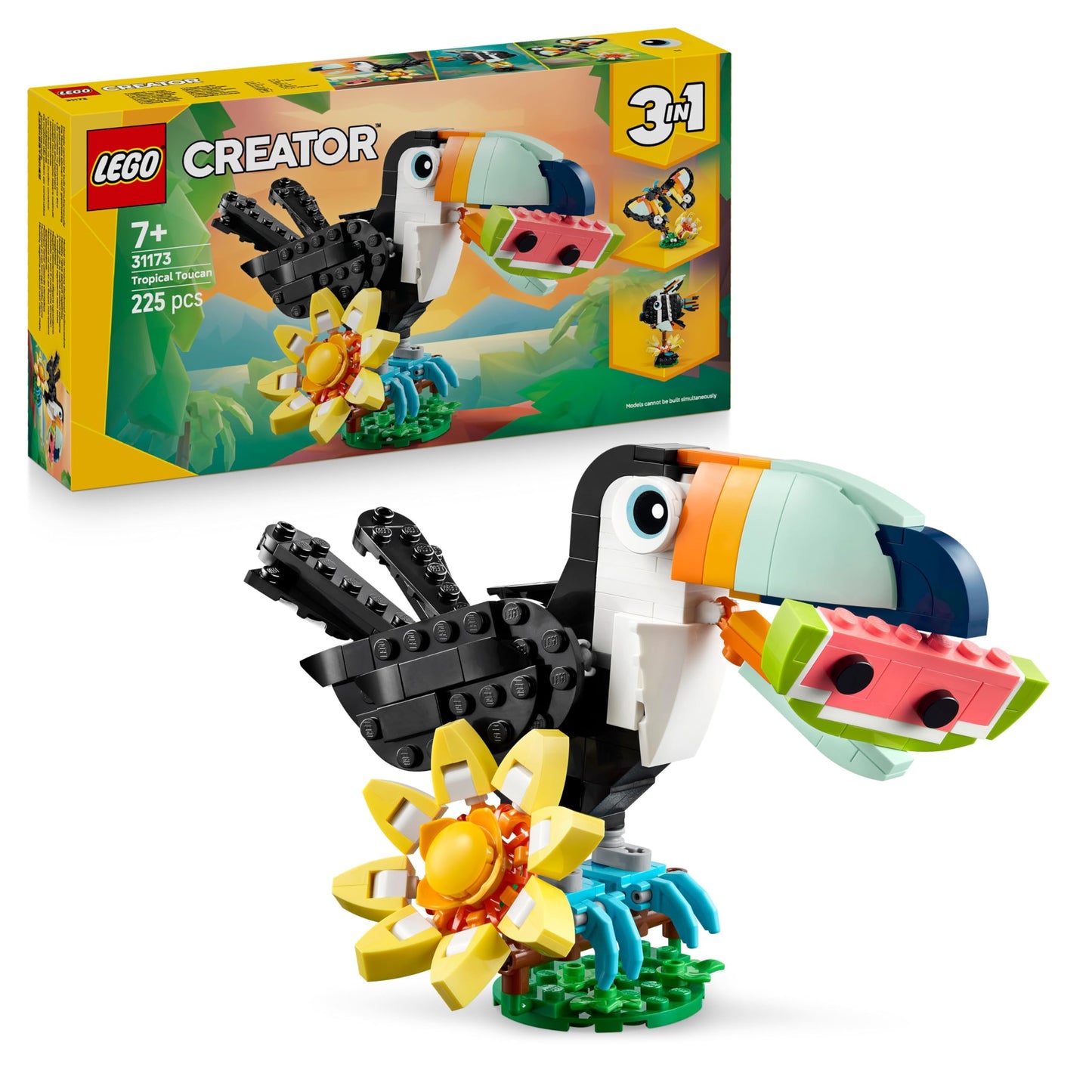 LEGO Creator 3in1 savvaļas dzīvnieki: tropiskais tukāns ar ziedu - rotaļu putns pārtop par tauriņu vai tropisku zivi - radoša dāvana bērniem no 7 gadiem - 31173