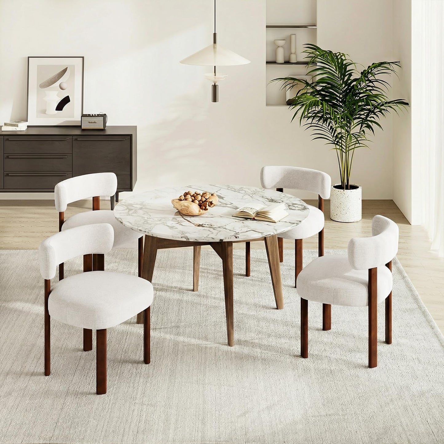 Ēdamistabas krēsli COLAMY, Mid-Century Modern dizains, Sherpa, 4 gab. komplekts, vintage lauku stila bouclé virtuves krēsli ar atvērtu izliekto atzveltni, ēdamistabai, restorānam, bēšs