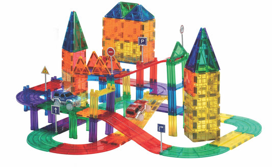 Playmags 200-piece magnetic tile set - race track with 2 motorized race cars, for children ages 3 and up.
