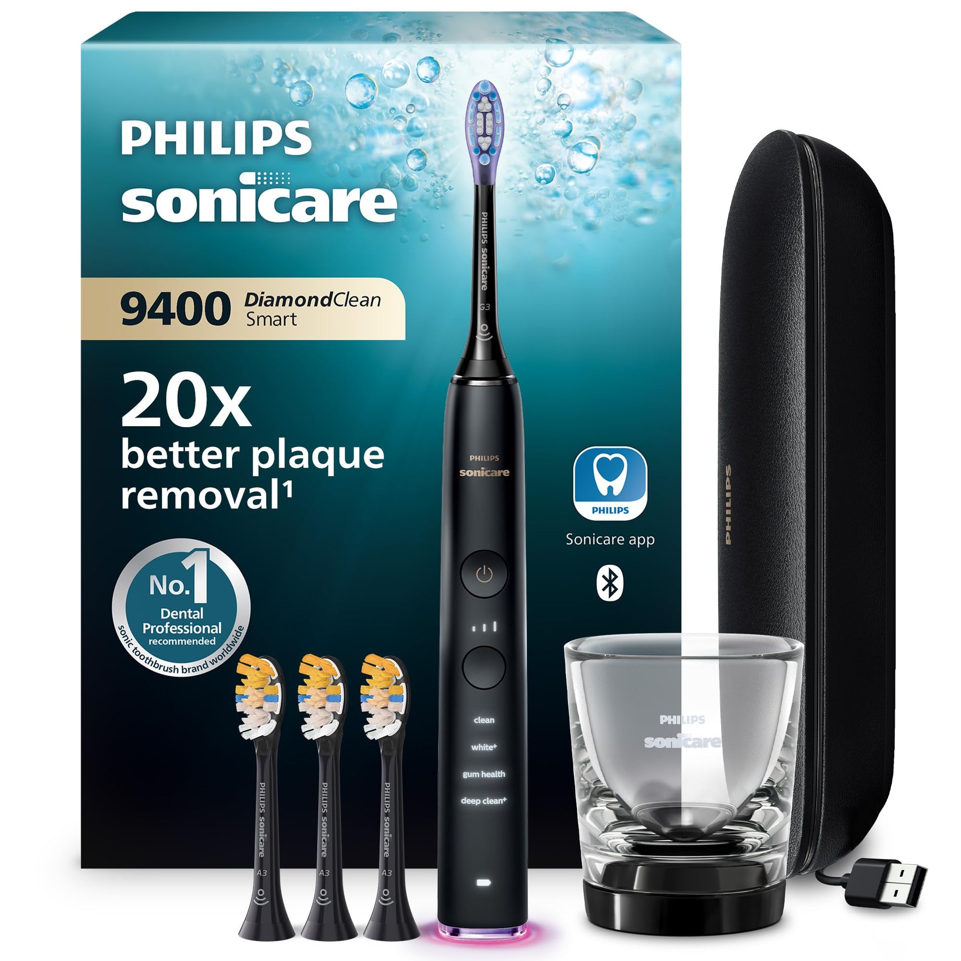 Philips Sonicare DiamondClean Smart 9400 elektriskā zobu birste, skaņas zobu birste ar lietotni, spiediena sensors, suku galviņu atpazīšana, 4 tīrīšanas režīmi un 3 intensitātes līmeņi, melna, modelis HX9918/89