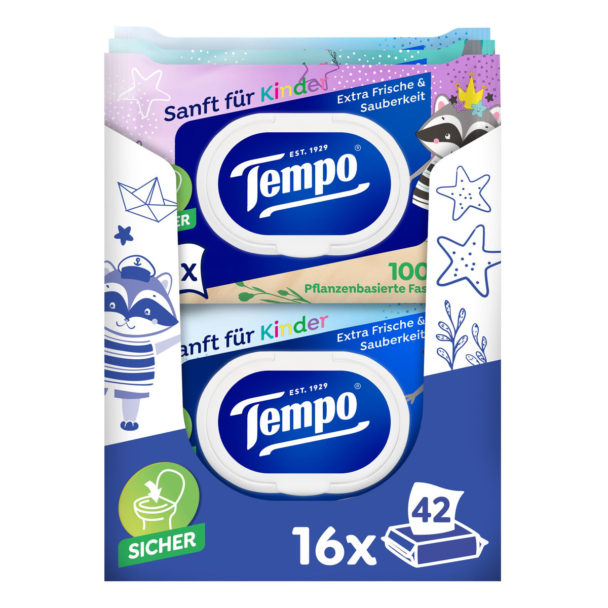 Mitrās tualetes salvetes bērniem Tempo, Megapack, dizaina izdevums – 16 iepakojumi, 42 salvetes